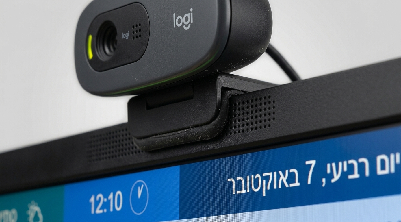 מבט מקרוב על תפס המצלמה הנשען על שפת המסך של תחנת הזיכרון של ממואפ